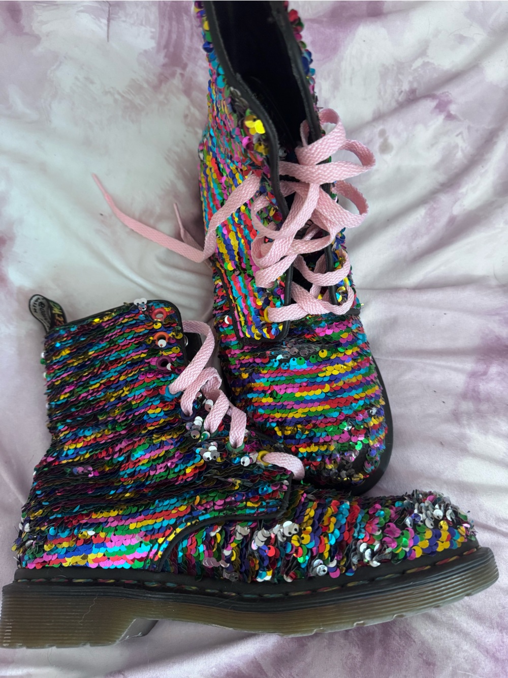 Dr Martens (Doc Martens) Sequin Combat Boots Multi Rainbow to Silver flip sequin - Picture 7 of 10